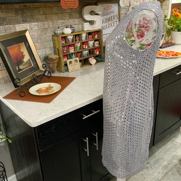 Black Label By Chico’s Dress Size 8 Silver Sequin Crochet Sheath Cocktail Party - Picture 4 of 15